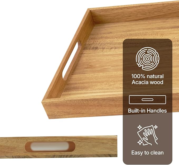 Koppen Acacia Wood Serving Tray with Handles, 17" x 13.86", Large Wooden Platter for Breakfast, Ottoman Tray for Party, Snacks, Fruit, Coffee Table, Living Room, Sofa, Bed, Outdoor-CasaMuseHome