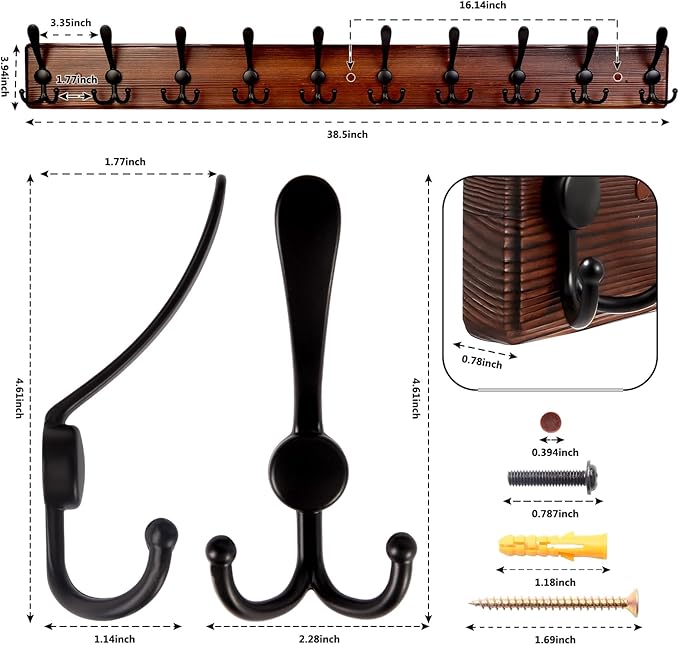 38.6'' Large Coat Rack Wall Mount Coat Hooks Coat Hanger with 10 Metal Black Triple- Hooks Brown Pine Real Wood Plank Hat Rack for Wall Hooks for Hanging Coat Hat Jacket-CasaMuseHome