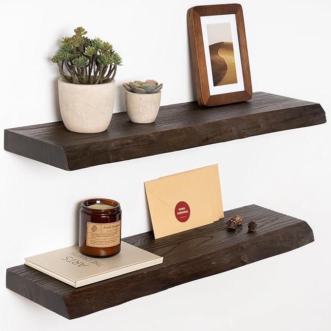 24" Floating Shelves, Live Edge Solid Elm Wood Floating Shelf, Wall Mounted Display Shelves with Heavy-Duty Bracket for Books, Rustic Wooden Shelf for Kitchen, Bathroom, Walnut Color, Set of 2-CasaMuseHome