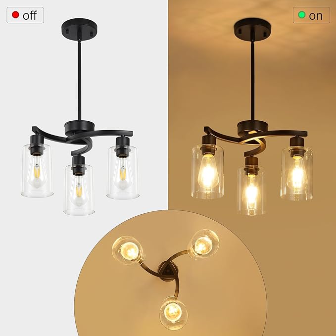 3 Light Modern Dining Chandeliers Over Table，Black Light Fixture for Dining Room，Farmhouse Chandelier with Glass Shade，Industrial Pendant Lighting for Kitchen Island，Foyer,Hallway, Bedroom-CasaMuseHome