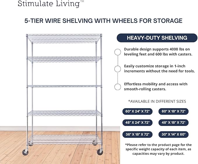 48"x24"x72" Prime Heavy Duty Chrome 5-Tier Steel Wire Shelving NSF 4000 LBS MAX Capacity Storage Rack for Commercial, School, Home, Garage, Warehouse, Industrial, and Hospital Uses (with Wheels)-CasaMuseHome