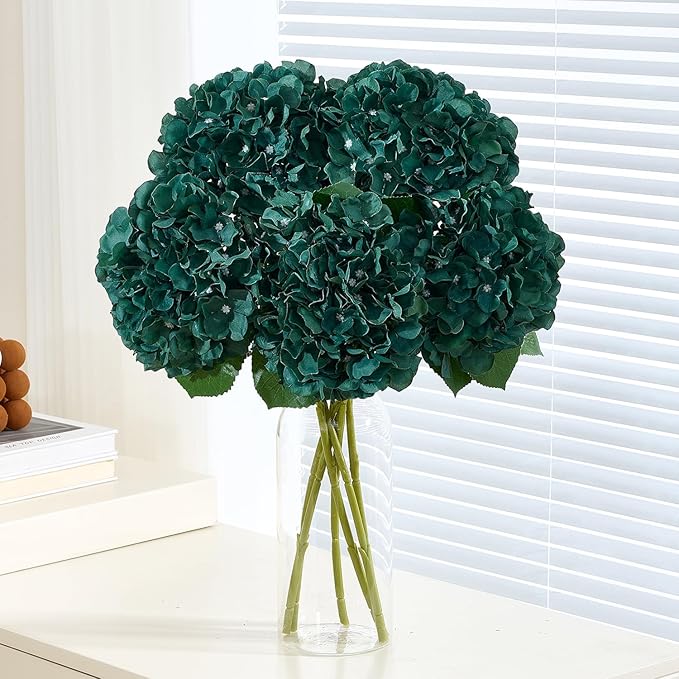 8Pcs Emerald Green Fake Flowers Silk Hydrangea Artificial Flowers Bouquets Faux Hydrangea Stems for Home Table Centerpieces Wedding Party Decoration-CasaMuseHome