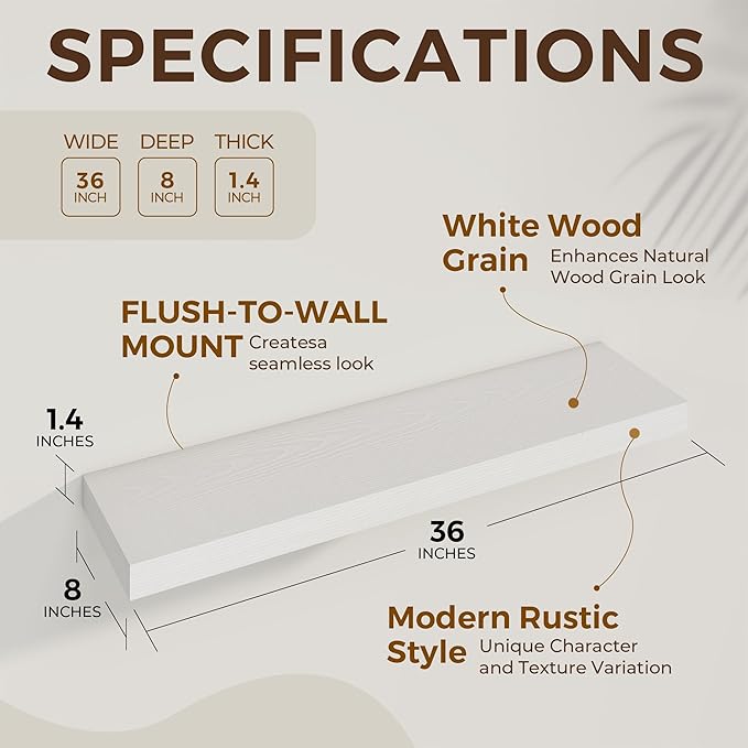 36 inch Floating Shelves Wall Shelves for Office with Invisible Brackets, 8 inch Deep Shelves for Bathroom, Living Room, Kitchen, Office, 36x7.9 inch deep Set of 2, White-CasaMuseHome