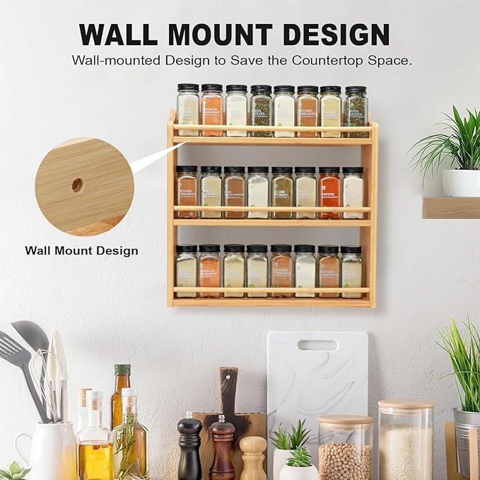 3 Tier Bamboo Spice Rack, Spice Rack Organizer, Seasoning Jars Rack Shelf Spice Organizer for Kitchen Counter or Wall Mounting, Bamboo Spice Storage Holder-CasaMuseHome