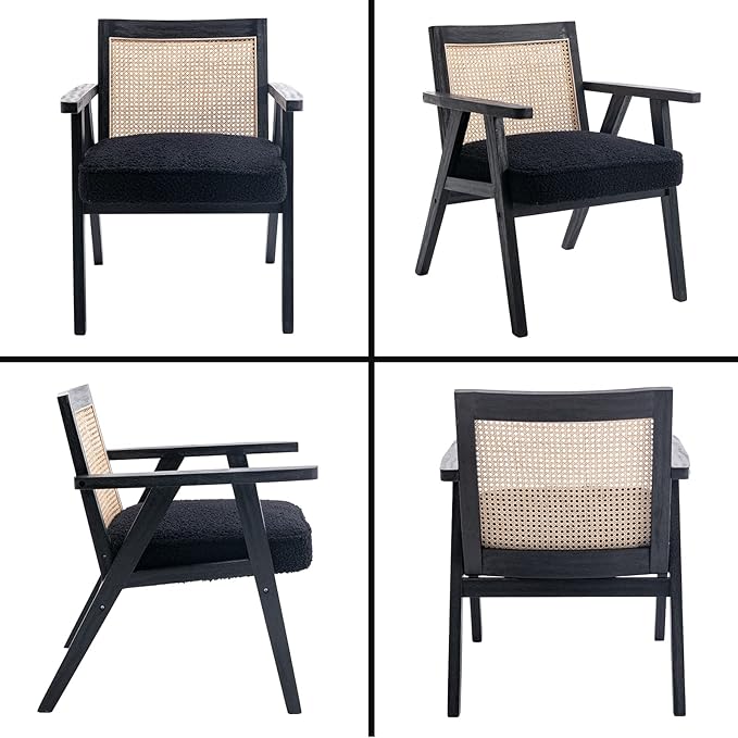 Accent Rattan Chairs Set of 2, Faux Fur Upholstered Living Room Chairs with Cane Back, Retro Mid Century Modern Cane Chair Armchair for Reception Reading Indoor Outdoor, Black-CasaMuseHome