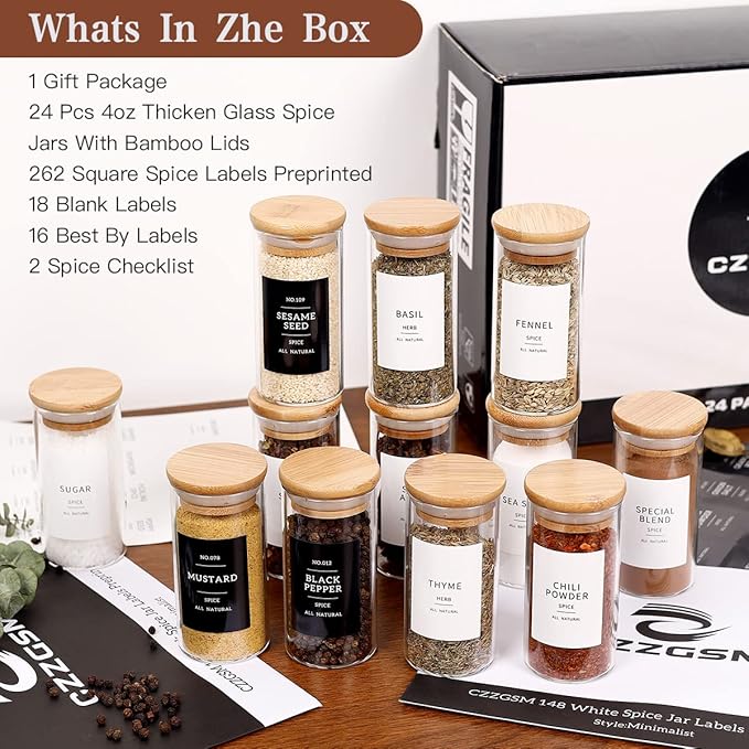 24 Pcs Glass Jars With 296 Spice Labels Preprinted of White and Black Color- 4oz Thicken(2.4mm) Empty Small Herb Seasoning Containers With Bamboo Airtight Lids-CasaMuseHome