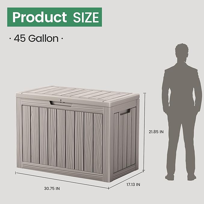 45 Outdoor Storage Box, Waterproof Resin Deck Box with Side Handles, Lockable Outdoor Bench for Indoor & Outdoor Use, Storage Bin for Patio Cushions, Garden Tools, Package Delivery, Grey-CasaMuseHome