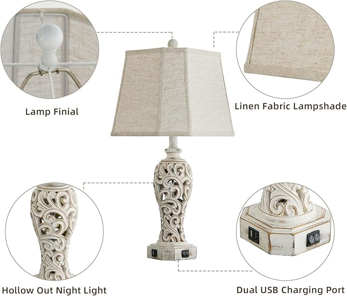 25'' Farmhouse Table Lamp for Living Room Bedroom, 2 USB Ports Vintage Rustic Nightstand Desk Lamp with Nightlight, White Hollow Out Resin Lamp for End Table (Bulb Included)-CasaMuseHome