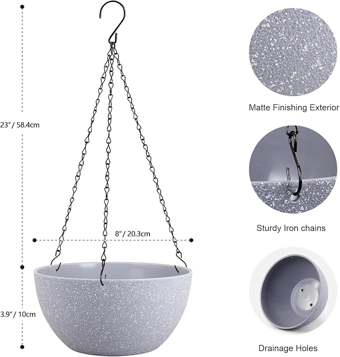 8 inch Small Hanging Planters for Indoor Outdoor Plants, 2 Pack Hanging Flower Pots with Drainage Holes and Chain for Garden Porch, Plastic Hanging Baskets for House Plants, Speckled Grey-CasaMuseHome
