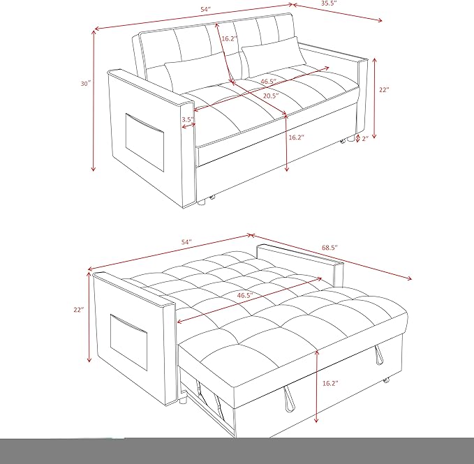 3 in 1 Sleeper Sofa Bed, Futon Sofa Bed for Living Room with Side Pocket, Black Sleepers Sofas Couch with Pullout Beds, Convertible Love Seat Sleepers Couch for Living Room, Bedroom,-CasaMuseHome