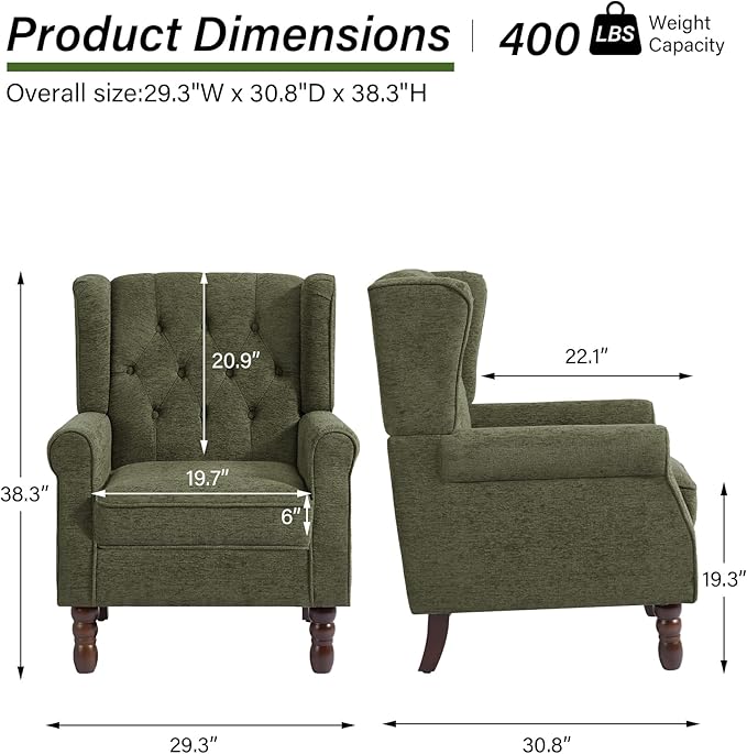 Accent Chair, Upholstered Armchair with Button Tufted High Back & Solid Wood Legs, Comfy Wingback Reading Single Sofa Chair for Small Spaces, Living Room, Bedroom (Green, Set of 2)-CasaMuseHome