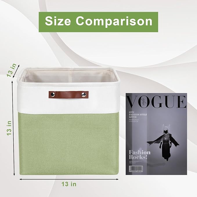 13x13 Cube Storage Bins, Collapsible Fabric Storage Box, 4 Pack Closet Baskets with Handles for Organizing, Shelf, Toys, Clothes, Home, Office, Nursery (Green&White)-CasaMuseHome
