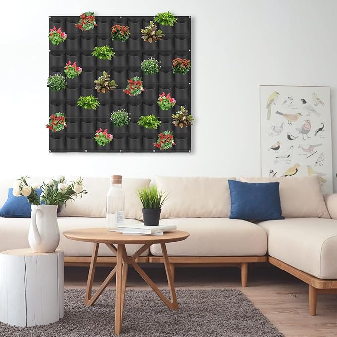 72 Pockets Hanging Planter Bags, Hanging Vertical Wall Mounted Plant Planting Grow Bags, Herb Garden Planter Outdoor Indoor Growing Bag, Gardening Vertical Greening Flower Container(1m×1m, Black)-CasaMuseHome