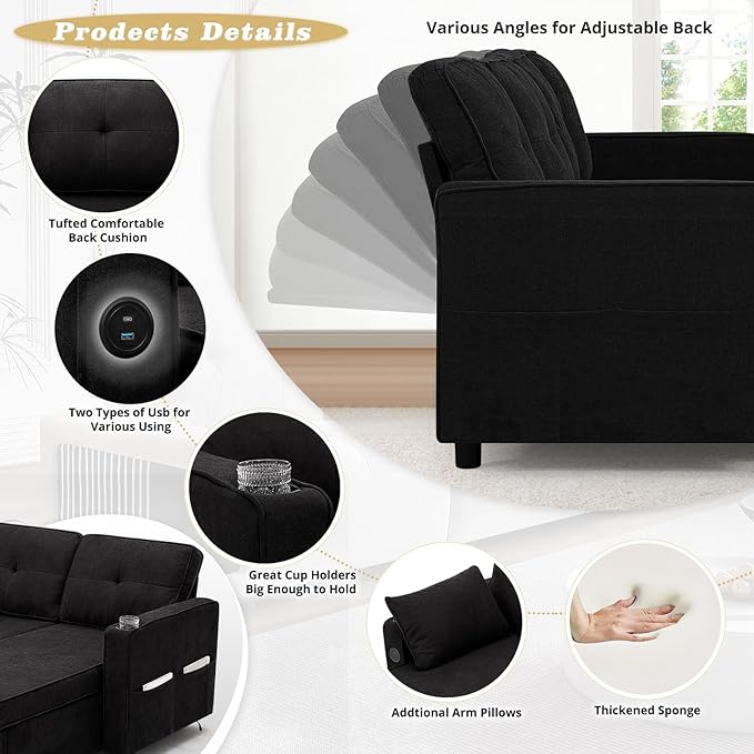 110 Inches Chenille Sectional Sofa w/Pull Out Sofa Bed & Adjustable Back, Tufted U Shaped Couch w/Two Storage Chaises, Sleeper Sectional Sofa w/USB Port & Cup Holders for Living Room, Black-CasaMuseHome