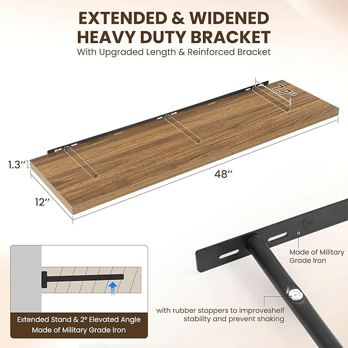 48" Floating Shelves for Wall, 12" Deep Slim Walnut Floating Shelves, Wall-Mounted Shelves for Bedroom, Living Room, Kitchen, Bathroom - Set of 2-CasaMuseHome