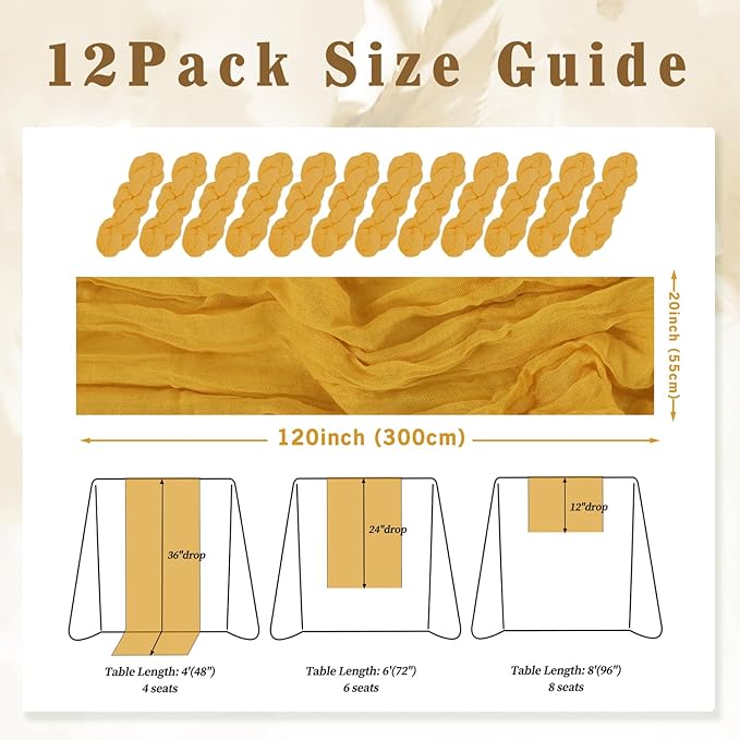 12 Pack Mustard 10FT Cheesecloth Table Runner Rustic Gauze Fabric Cheese Cloth Table Runner for Wedding Bridal Baby Shower Table Decor Boho Sheer Birthday Party Table Decorations 20 x 120 Inch Long-CasaMuseHome