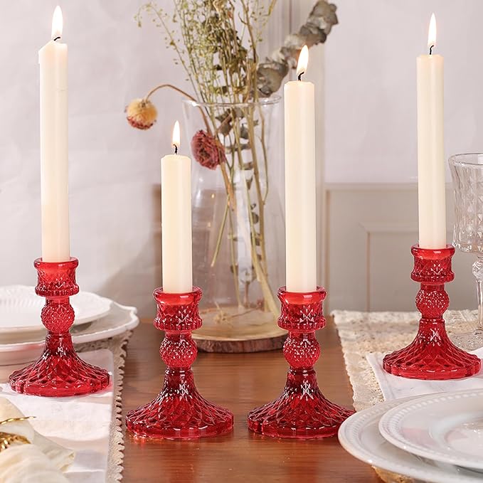 12Pcs Red Candlestick Holders Set- 4" H Taper Candle Holders Bulk, Glass Candle Holders for Activities, Party, Romantic Dinner Table Centerpieces, Festival Gifts & Windowsill Decor-CasaMuseHome