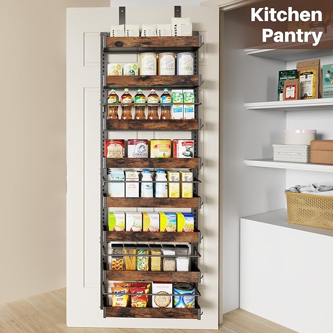 8 Tier Over The Door Pantry Organizer, 2 IN 1 Wall Mount or Metal Hanging Spice Rack for Pantry Organizers and Storage, Seasoning Shelves，Adjustable Basket with Hooks for Kitchen, Bathroom,Laundry-CasaMuseHome