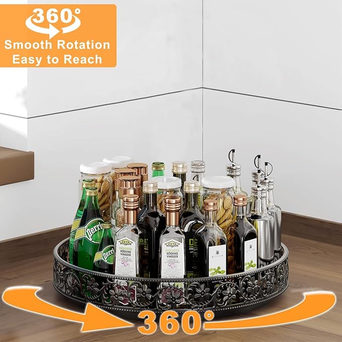 10" Lazy Susan Organizer Turntable,360 Rotating Spice Rack Lazy Susan for Cabinet Dining Table Top Countertop Pantry Kitchen Cupboard Vanity Bathroom Refrigerator Black-CasaMuseHome