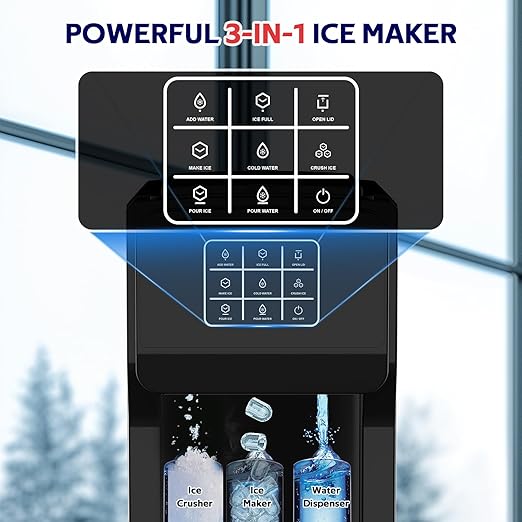 3 in 1 Water Dispenser with Ice Maker, Ice Maker Countertop, Bullet Ice, Crushed Ice, Water Cooler, 44Lbs/24H, 12 Ice/6Min, Self-Cleaning, 4Lbs Ice Storage, Home/Kitchen/Party/RV (Touchscreen)-CasaMuseHome