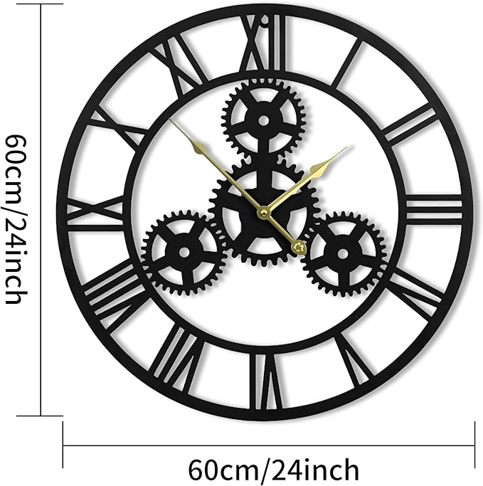 24inches/60cm Wall Clocks for Living Room Deco Non Ticking Silent Battery Operated Metal Modern Vintage Roman Numeral Oversized Gear Wall Clocks for Bedroom Kitchen Fireplace Office Farmhouse-CasaMuseHome