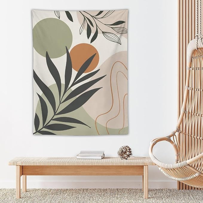 Abstract Bohemian Mid Century Tapestry, Tropical Leaves Modern Geometric Archway Minimalist Bohemian Botanical Aesthetic Wall Hanging, Sage Green Gold Home Decor Art for Bedroom 40x60 Inch-CasaMuseHome
