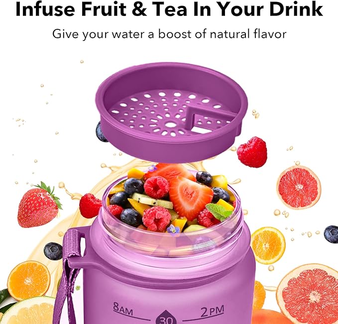 32oz Motivational Water Bottles with Time Marker & Fruit Strainer, Transparent Gradient Color Water Bottle with Times to Drink, Leakproof & BPA Free, Reusable Bottle with Strap (No Straw)-CasaMuseHome