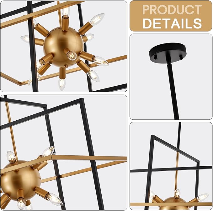 31.5'' Large Modern Lantern Chandeliers, 12-Light Black Gold Geometric Pendant Light Fixture, Industrial Hanging Chandelier for Entryway Foyer Hallway Dining Room, Kitchen Island-CasaMuseHome