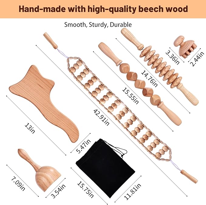 6 Pcs Wood Therapy Massage Tools, Meifuly Professional Complete Maderotherapia Wooden Massager Kit for Body Shaping, Lymphatic Drainage, Muscle Pain Relief, Anti-Cellulite (with Storage Bag)-CasaMuseHome