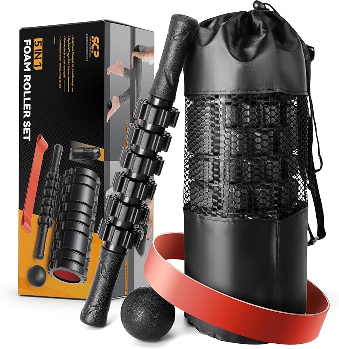 5 in1 Foam Roller Set, Trigger Point Foam Roller, Massage Roller Stick, Massage Ball, Resistance Band for Deep Muscle Massage Pilates Yoga,Fitness Exercise for Whole Body (Black-Red)-CasaMuseHome