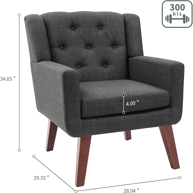 Accent Chair Button-Tufted Upholstered Living Room Chairs Comfy Reading Chair Mid Century Modern Chair with Linen Fabric Lounge Arm Chairs for Living Room Bedroom (Dark Grey)-CasaMuseHome