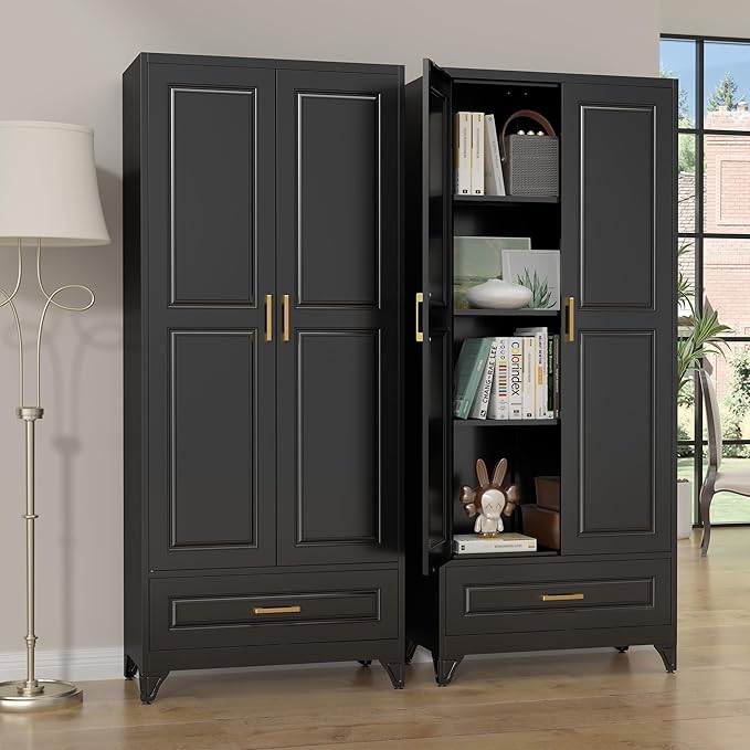 75" Kitchen Pantry Cabinet with Drawer, Metal Storage Cabinets with Doors and 4 Adjustable Shelves,Black Kitchen Cabinet with 2 Gold Handles,Food Cupboard for Livingroom,Pantry-CasaMuseHome