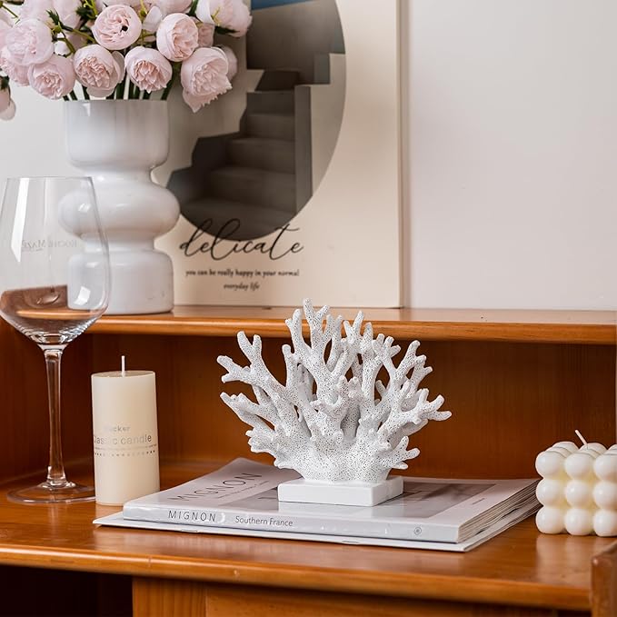 5.8" H White Coral Decor, Resin Coral Statue, Nautical Decorations for Home, Bedroom, Bathroom, Living Room, Beach/Coastal/Ocean Themed Cabinet Shelf Tabletop Decor-CasaMuseHome