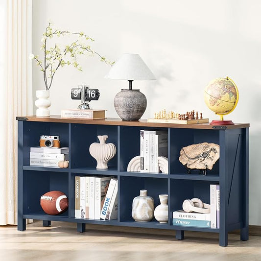 8 Cube Book Shelf, Farmhouse Wood Long Storage Organizer Bookcase, 62" Horizontal Navy Blue Console Closet Bookshelf, Hallway TV Stand for Entryway, Display Cabinet Book Case for Living Room-CasaMuseHome