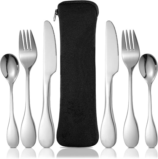 7 Pieces Bariatric Eating Portion Control Flatware Bariatric Management Silverware Serving Spoons Forks Knives Stainless Steel Weight Loss Utensils with Fabric Storage Bag-CasaMuseHome