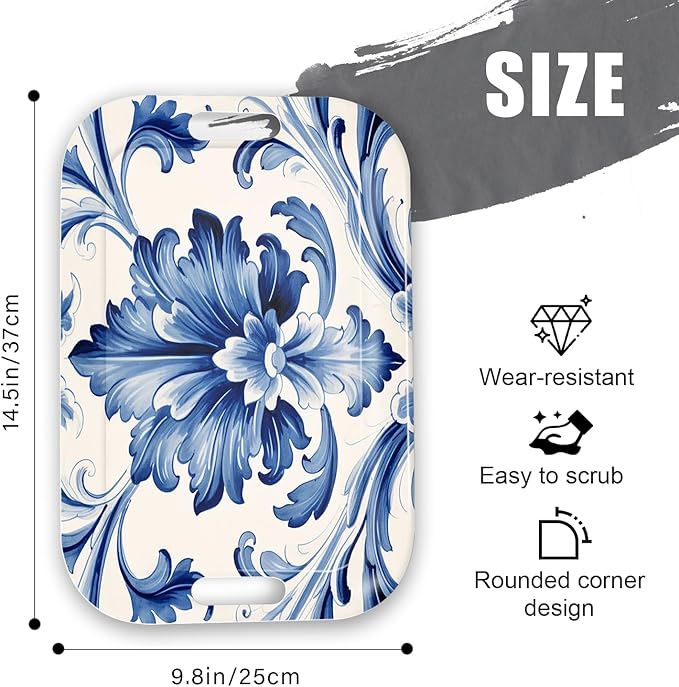 Serving Trays with Handles, 14.5 x 9.8 inch Rectangular Plastic Tray for Restaurant, Kitchen, Blue and White Pattern-CasaMuseHome