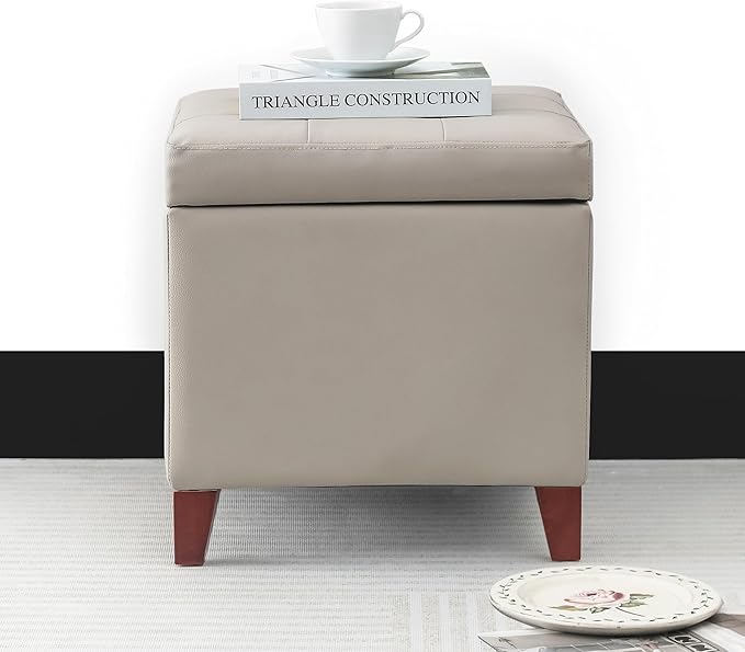 Adeco 18" PU Storage Ottoman, Upholstered Square Faux Leather Foot Rest - Flip Top Footstool with Sturdy Wood Legs, Small Cube Coffee Table Extra Seat for Living Room, Bedroom, Elephant Grey-CasaMuseHome