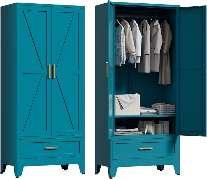 71'' Farmhouse Metal Wardrobe Cabinet with Hanging Rod, 2 Barn Door Wardrobe Closet with Adjustable Shelves,Drawer,for Dining Room,Bedroom,Living Room, Cloak Room,Office (Peacock Blue)-CasaMuseHome