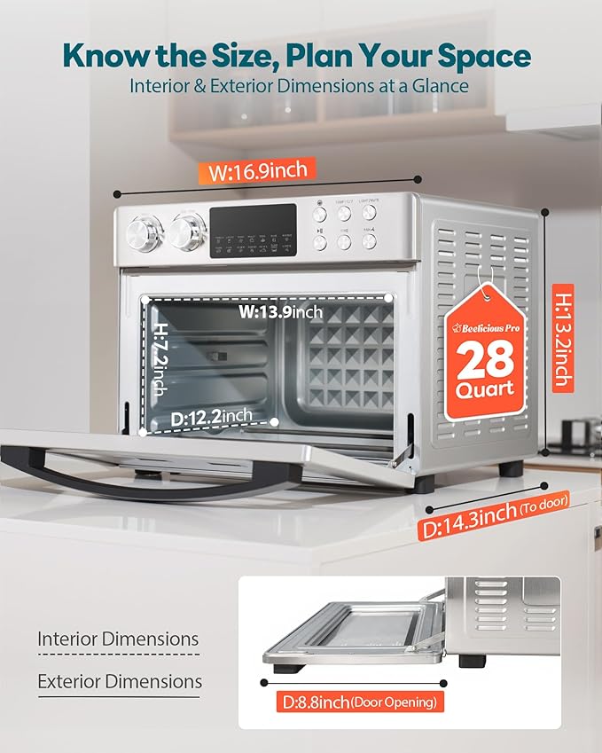 28QT Air Fryer Toaster Oven Combo, Large 12-in-1 Convection Countertop Oven with Next-Gen HeatWave Convection, 3-Layer Cooking, Rotisserie for Chicken, Fits 11" Pizza, Full Accessorie, Stainless Steel-CasaMuseHome