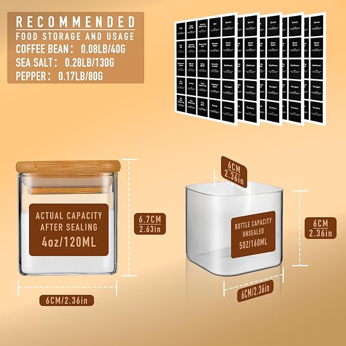 5oz Airtight Square Spice Containers with Bamboo Lid Set of 12 with Black Lables Storage Stackable Spice Jar, Kitchen Canister for Sugar, Tea, Flour, Salt and Seasonings (‎Clear Glass)-CasaMuseHome