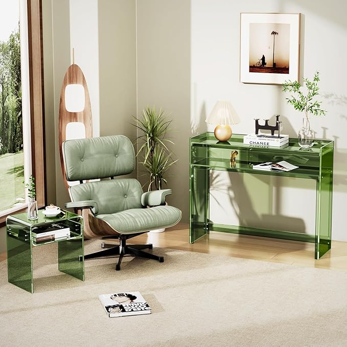 Acrylic Console Table, Entryway Table with Storage Shelves (Green)-CasaMuseHome