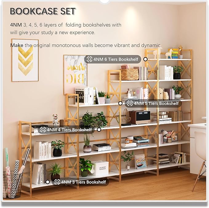 4NM 5 Tiers No Assembly Book Shelves, 51.2" H Folding Bookshelf Bookcase Open Industrial Foldable Shelves for Bedroom, Living Room, Home Office - White Gold-CasaMuseHome
