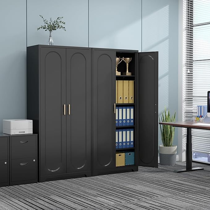 71" Tall Metal Pantry Cabinet with 4 Adjustable Shelves and Gold Handles Heavy-Duty Steel Storage for Kitchen, Dining Room or Office-CasaMuseHome