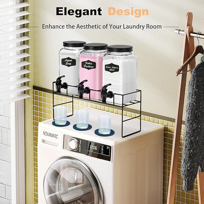 3-Pack 2.2L Glass Laundry Detergent Dispenser Set with Stand - Premium Liquid Soap Dispenser with PP Spigots, Measuring Cups, and Chalkboard Labels for Laundry Room Organization and Storage-CasaMuseHome