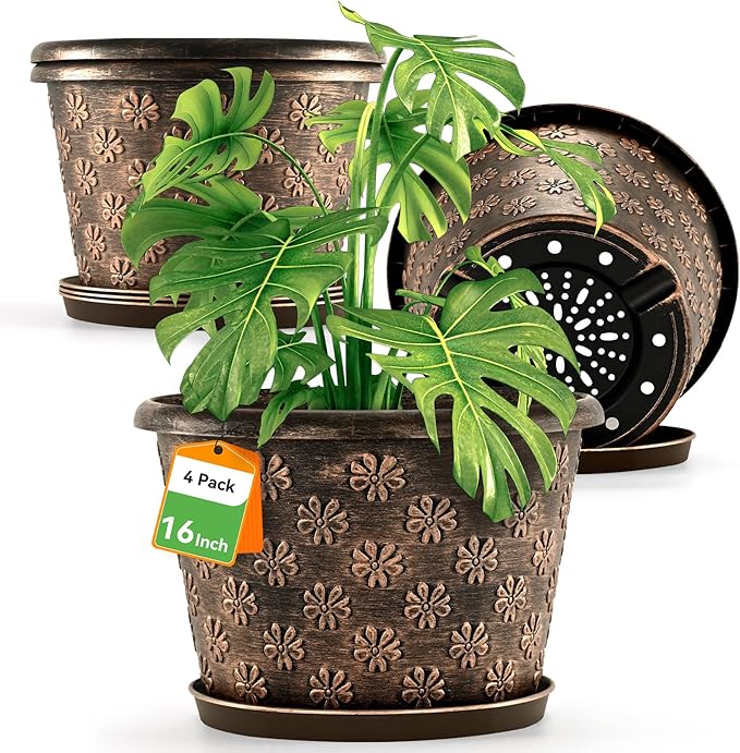 16 Inch Planter Pots for Plants, Plastic Large Flower Pots Indoor Outdoor, 4 Pack Resin Plant Pot with Drainage & Saucer, Retro Decorative Garden Pot with Removable Trays for House-CasaMuseHome