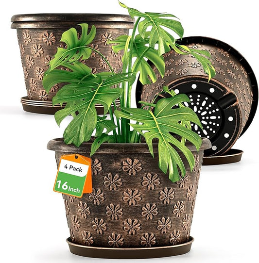 16 Inch Planter Pots for Plants, Plastic Large Flower Pots Indoor Outdoor, 4 Pack Resin Plant Pot with Drainage & Saucer, Retro Decorative Garden Pot with Removable Trays for House-CasaMuseHome