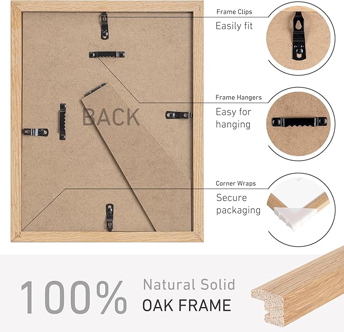 8x10 Picture Frame Set of 4 Natural Solid Oak Photo Frames with 5x7 Removable Mat Wall Hanging Large Handcrafted Frame with HD Plexiglass Wall and Tabletop Display Large Poster Frame-CasaMuseHome