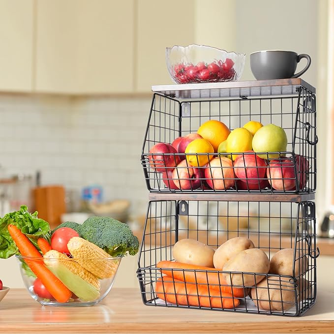 2pcs Fruit Basket Kitchen Storage Basket with Wood Lid, Stackable Wall Basket Fruit Basket for Kitchen, Countertop Organizer for Snack, Fruit and Veggie Storage, 11.8 x 7.9 x 8.5 Inch-CasaMuseHome