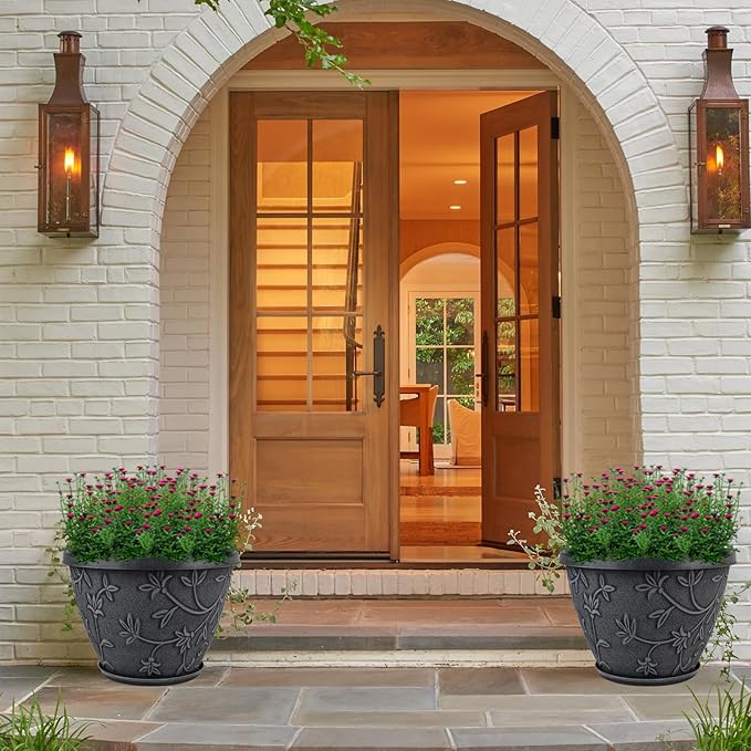 4 Pack 16 Inch Large Plant Pot for Outdoor, Plastic Flower Pot Indoor with Drainage Hole & Saucer, Modern Decorative Garden Pot, Imitation Magnolia Garden Pots for House Planters（Gray）-CasaMuseHome