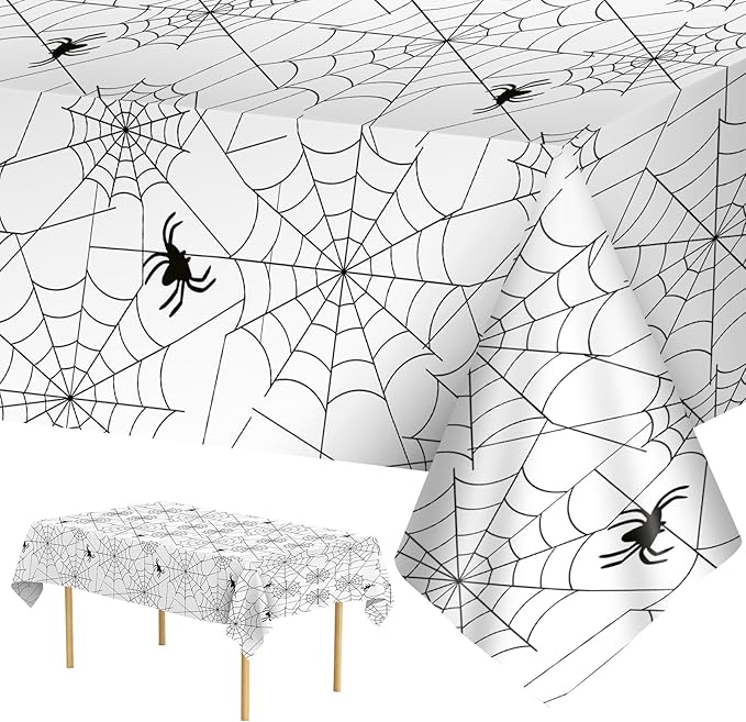 2 Pcs Halloween Tablecloth - Plastic Halloweens Spider Webs Table Cloth, White Disposable Rectangle Spiderweb Table Cover for Halloween Party Decorations Supplies Favors Tables Decor, 108 x 54 Inch-CasaMuseHome